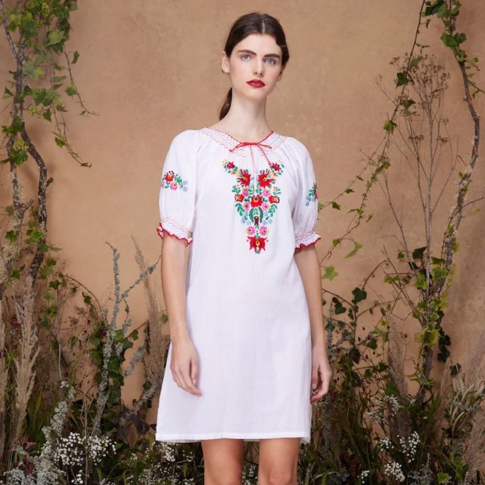 White Embroidered Mini Dress with Floral Motif